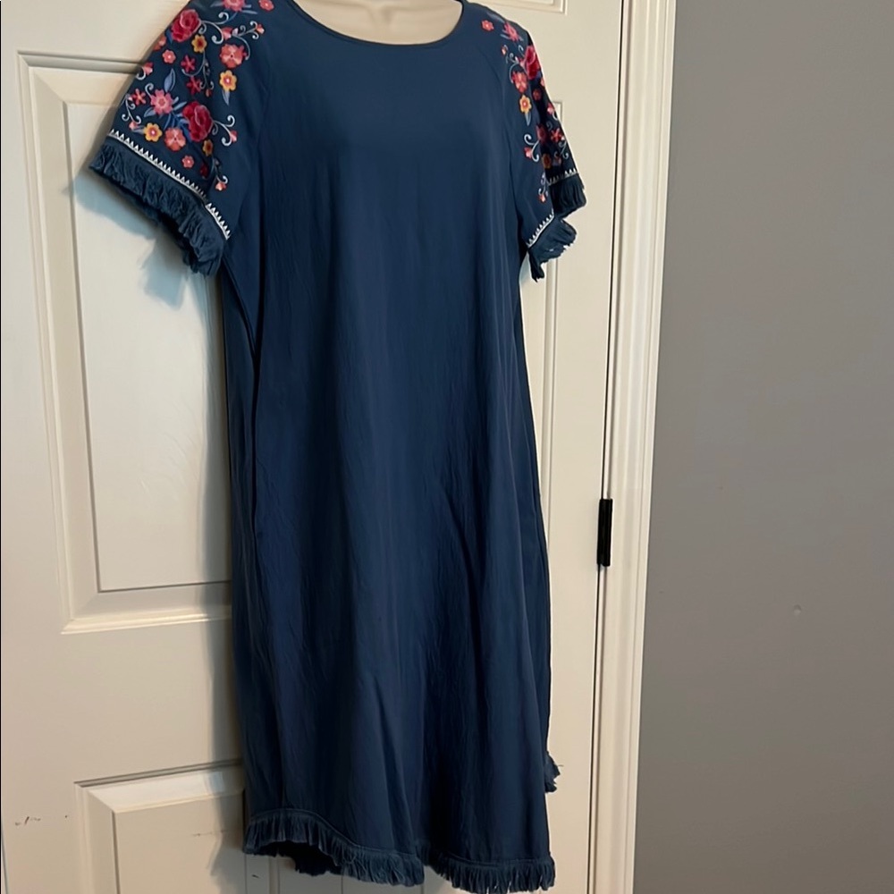 100% Cotton Blue Dress with floral sleeves and fringe